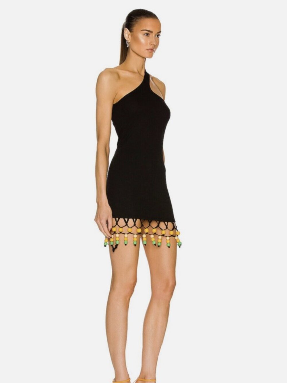 Simon Miller Waata One Shoulder Beaded Fringe Mini Dress Black XS